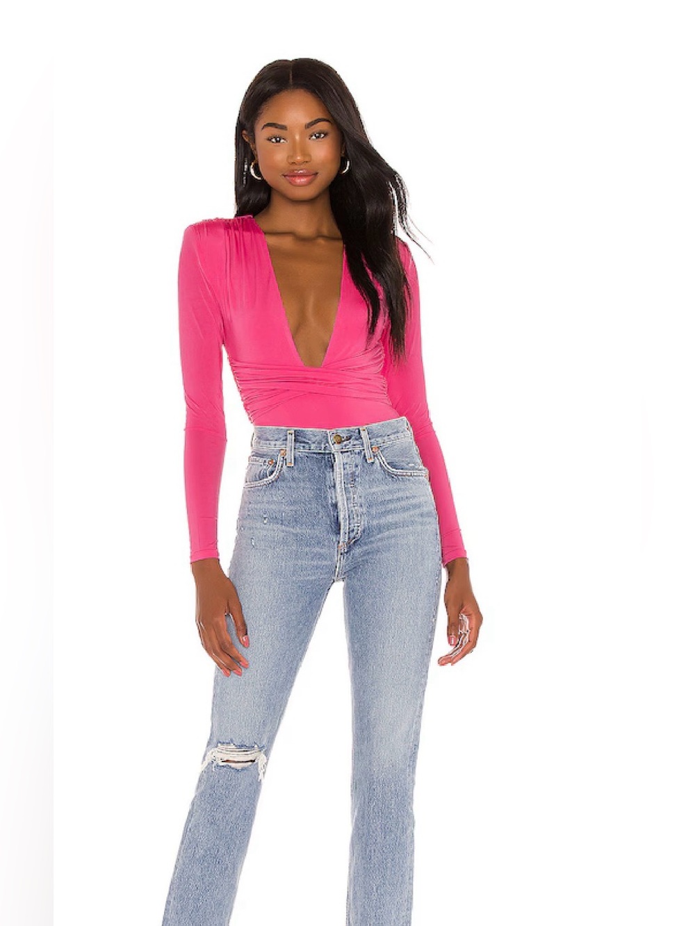 NWT - Lovers + Friends Anya Bodysuit Hot Pink Draped V-Neck Long Sleeve -S